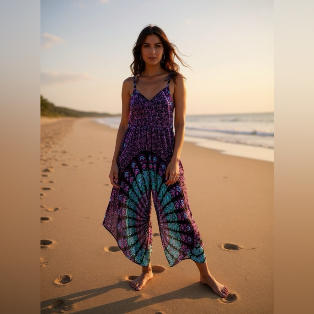Bali Prema Gypsy Sarong Wide Leg Jumpsuit Boho Peacock Dark Purple Blue Festival